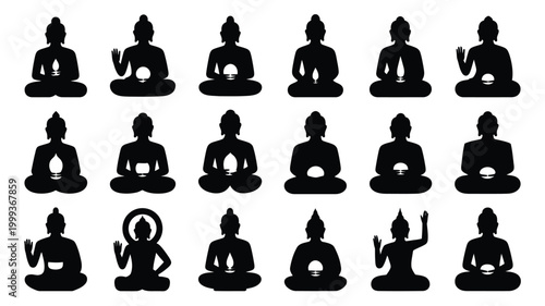 Collection of diverse black silhouettes of buddha meditating in various poses and mudras symbolizing peace enlightenment and spirituality against a clean white background