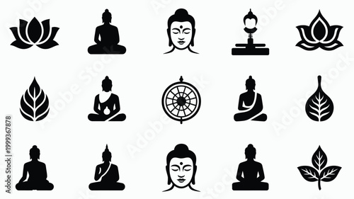 Collection of minimalist black silhouette icons representing buddhism meditation enlightenment and spirituality featuring buddha statues lotus flowers and dharma wheels on a clean