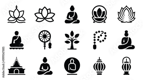 Collection of serene buddhist and zen icons including lotus flowers meditating figures pagodas prayer beads and sacred trees presented in a clean modern minimalist vector graphic