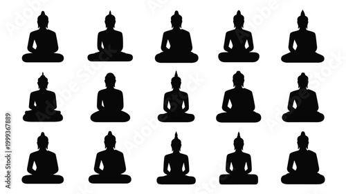 Collection of fifteen diverse black silhouette icons representing buddha in meditation poses isolated on a clean white background evoking serenity and spiritual practice