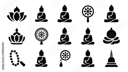 Collection of buddhist symbols and icons lotus flowers buddha statues in meditation dharma wheels prayer beads and stupas presented as clean flat vector graphics on a white