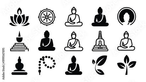 Collection of clean black and white icons representing buddhism spirituality enlightenment and inner peace featuring buddha statues lotus flowers dharma wheel stupa and prayer