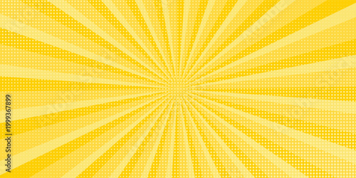 Yellow abstract background with light of sunburst. yellow starburst with halftone. sun ray retro background with flash