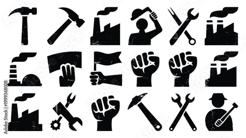 Collection of vintage distressed black and white icons representing labor industry protest and may day celebrations featuring hammers wrenches factory silhouettes raised fists