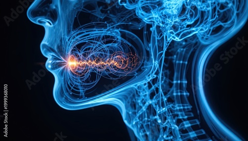 Human Head with Nervous System Digital Illustration â€“ Neural Network, Neurology, Brain Activity Visualization