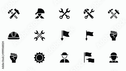 Diverse collection of eleven industrial and labor icons representing work strength and solidarity set against a clean white grid background with subtle grey accents