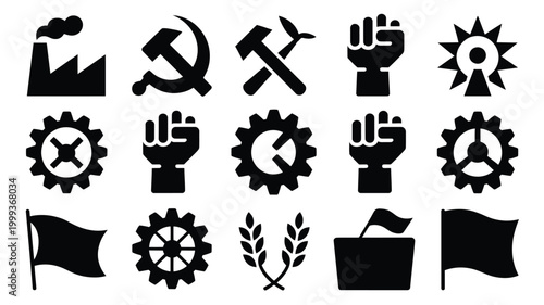 Collection of bold black may day icons featuring hammer and sickle fist gears wheat factory and flags representing labor communism socialism and revolution isolated on white