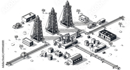 Oil drilling rigs pumpjacks and wellsite production equipment.