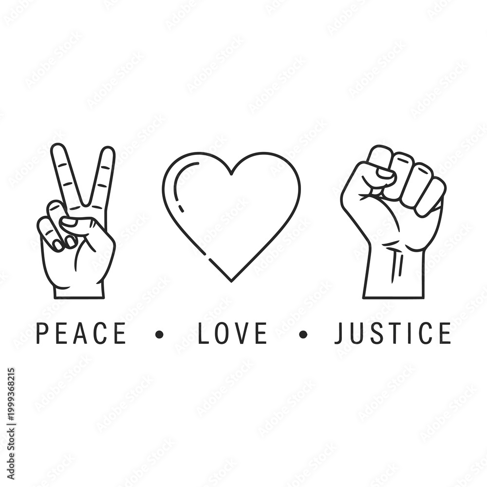 Obraz premium Hands making peace sign heart and fist with justice love peace text