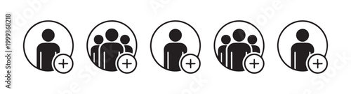 Professional add user interface elements showing single and triple member profiles with plus sign indicator.