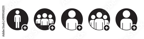 Solid black circle icons for adding individuals or teams featuring human silhouettes with plus sign accents.
