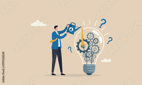 Maintenance brain to generate idea or creativity and innovation to invent new business ideas concept, businessman drop lubricant or grease into open lightbulb lamp with mechanical gears.