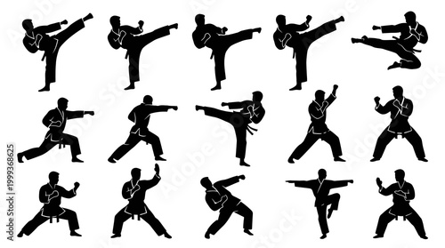 Dynamic Martial Arts Silhouettes Vector Set: Karate Taekwondo Combat Poses  Training