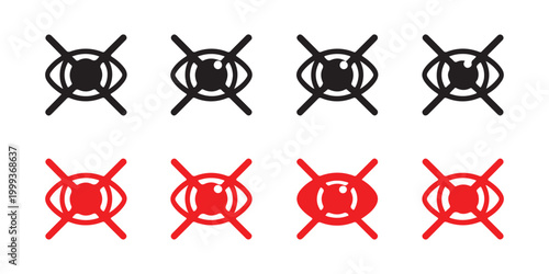 Various black and red eye icons with crossed out symbol indicating hidden, invisible, or privacy.