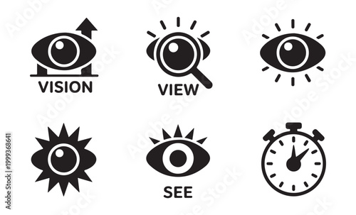 Set of vision and perception icons with eye symbols, magnifying glass and stopwatch on transparent background.