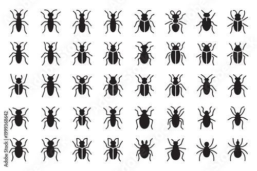 Diverse set of insect and bug silhouette icons including a spider, solid black vector illustrations on white background