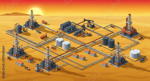 Oil Extraction Site with Drilling Rigs and Equipment.