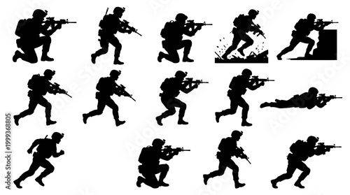 Black Silhouette Soldier Poses with Rifles Vector Art