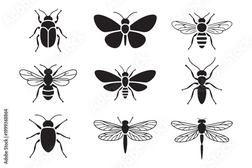 Large Insect Icon Set with Detailed Bee and Dragonfly Silhouettes