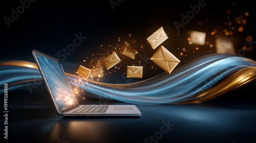 Laptop computer sending and receiving email messages with glowing particles. Digital communication and internet connection concept for modern technology.