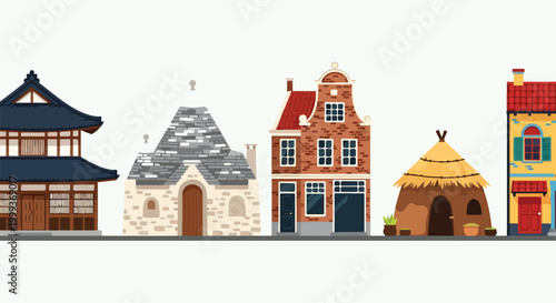 A row of colorful cartoon houses from different cultures