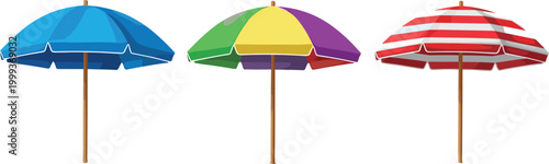 Colorful beach umbrellas set vector illustration with striped and multicolor parasols summer vacation seaside accessories isolated on white background