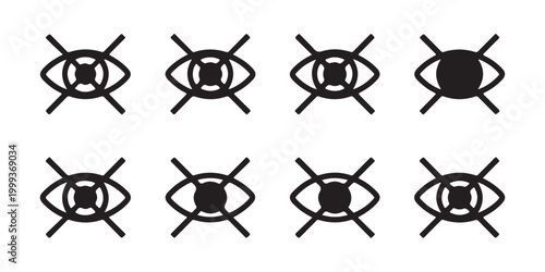 Set of black eye icons with crossed out symbol indicating hidden, invisible, or privacy on gray background.