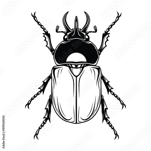 Detailed black and white illustration of a beetle with horns and sharp legs on white background