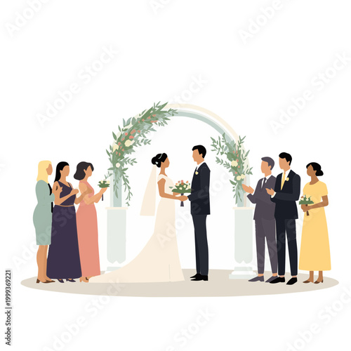 Elegant vector illustration of outdoor wedding celebration with bride groom and guests isolated on white background