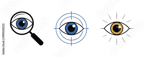 Eye set with magnifying glass target and bright shining eye icons representing vision searching and observation.