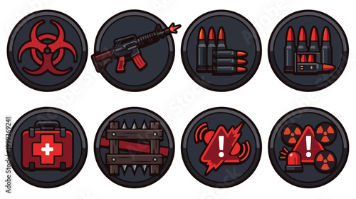 Set of circular tactical patches featuring military insignia, biohazard symbol, rifles and medical icons