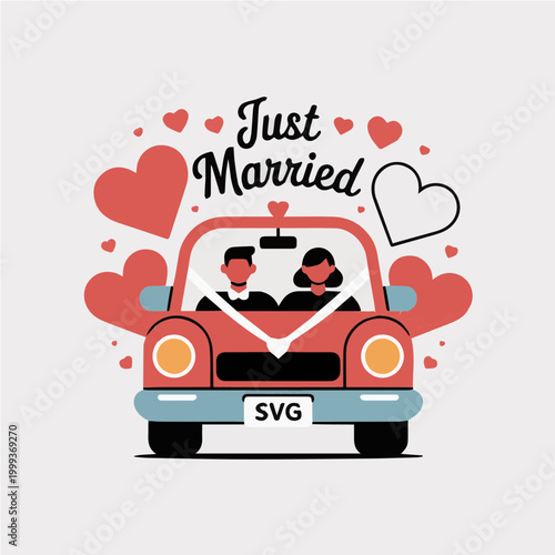 Minimal vector illustration of just married concept with romantic elements