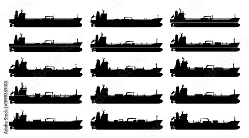 Black and White Silhouettes of Cargo Ships in Rows