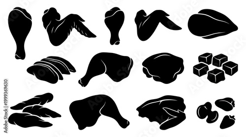 Food Industry Chicken Meat Parts Silhouette Icons - Poultry Cuts, Whole  Pieces Glyph Set