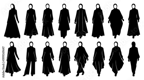 Muslim Women Abayas and Hijabs Modest Fashion Black Silhouette Vector Icons Collection Set