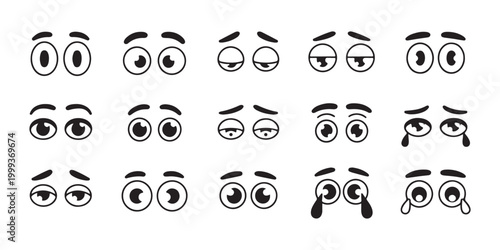 Cartoon eyes expressions for various emotions like tired sleepy sad confused and surprised happy crying.