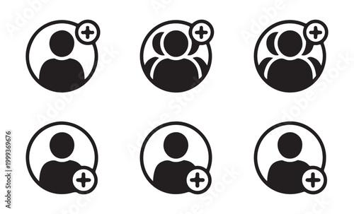 Single user profile icon with plus symbol, vector graphic, add contact button, person avatar, new account element.