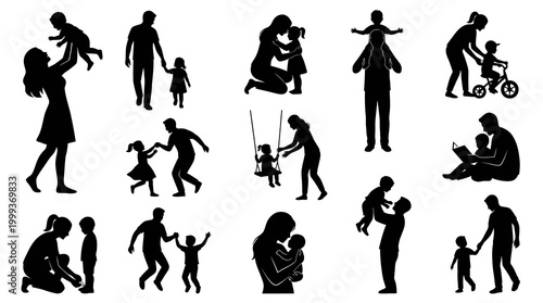 Family Parenting Silhouettes Set - Parents and Children Glyphs Vector Art