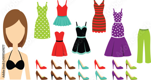 Women Fashion Outfit Collection with Colorful Dresses High Heels and Stylish Clothing Set for Modern Apparel Illustration and Trendy Design Projects.