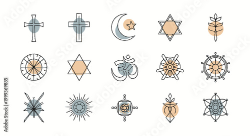 A comprehensive collection of contemporary line art icons symbolizing diverse world religions and spiritual traditions, illustrating global faith and belief systems in a minimalist vector set