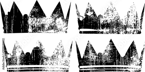 Grunge crowns silhouettes set distressed vintage royal symbols, heraldic designs with worn textures