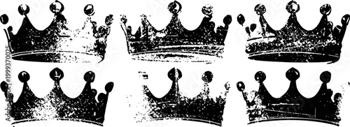 Set of six black hand drawn vintage crowns with textured distressed grunge
