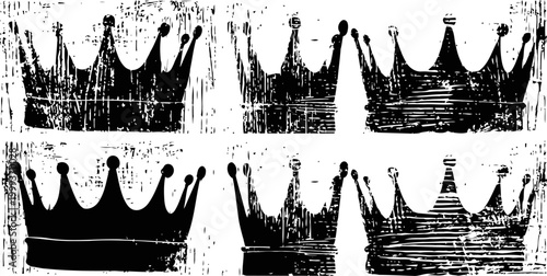 Grunge black crowns set with distressed texture vintage royal symbol collection, ornamental silhouettes, worn design elements