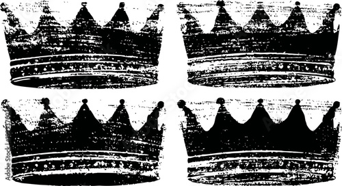 Set of four black grunge crowns vintage retro distressed royal symbol illustrations