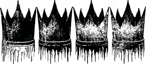 Four black grunge crowns in a row with dripping paint texture on white background