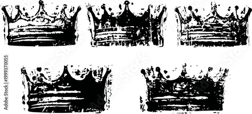 Set of five vintage black crowns silhouette illustrations with detailed ornamental design