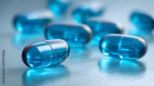 Transparent Blue Capsules on a Reflective Surface with Soft Lighting for Medical and Healthcare Use