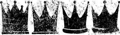 Grunge black crown silhouettes with distressed texture on white background set
