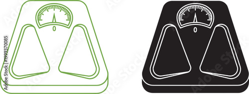 Minimalist bathroom scale illustrations in contrasting black and green styles with dial gauge and foot outlines