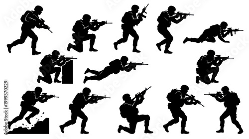 Black Silhouette Soldiers in Action Poses Vector Set